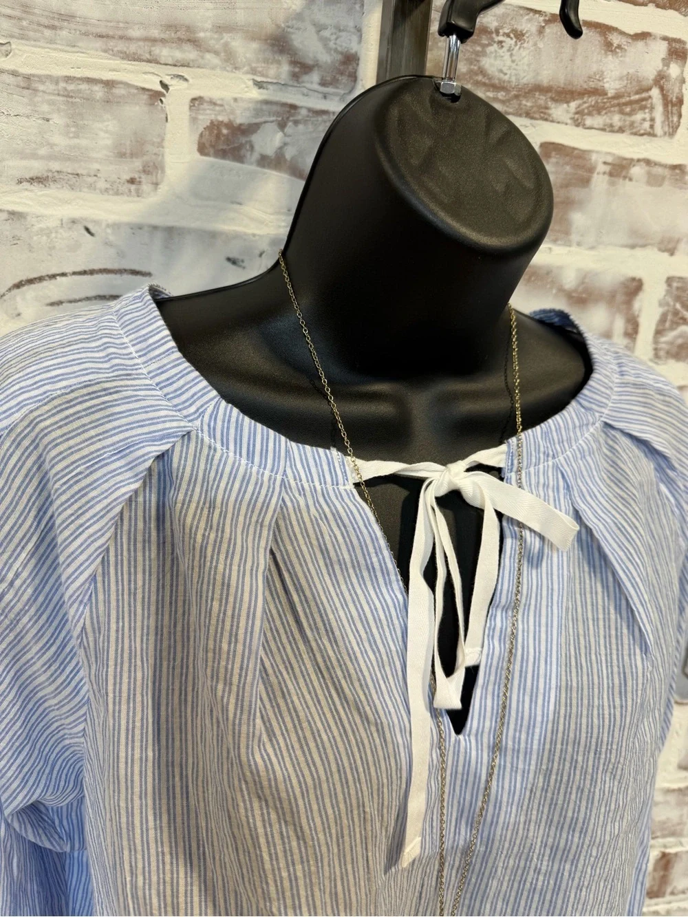 J. Crew Light Blue and White Striped Tie-Neck Blouse
